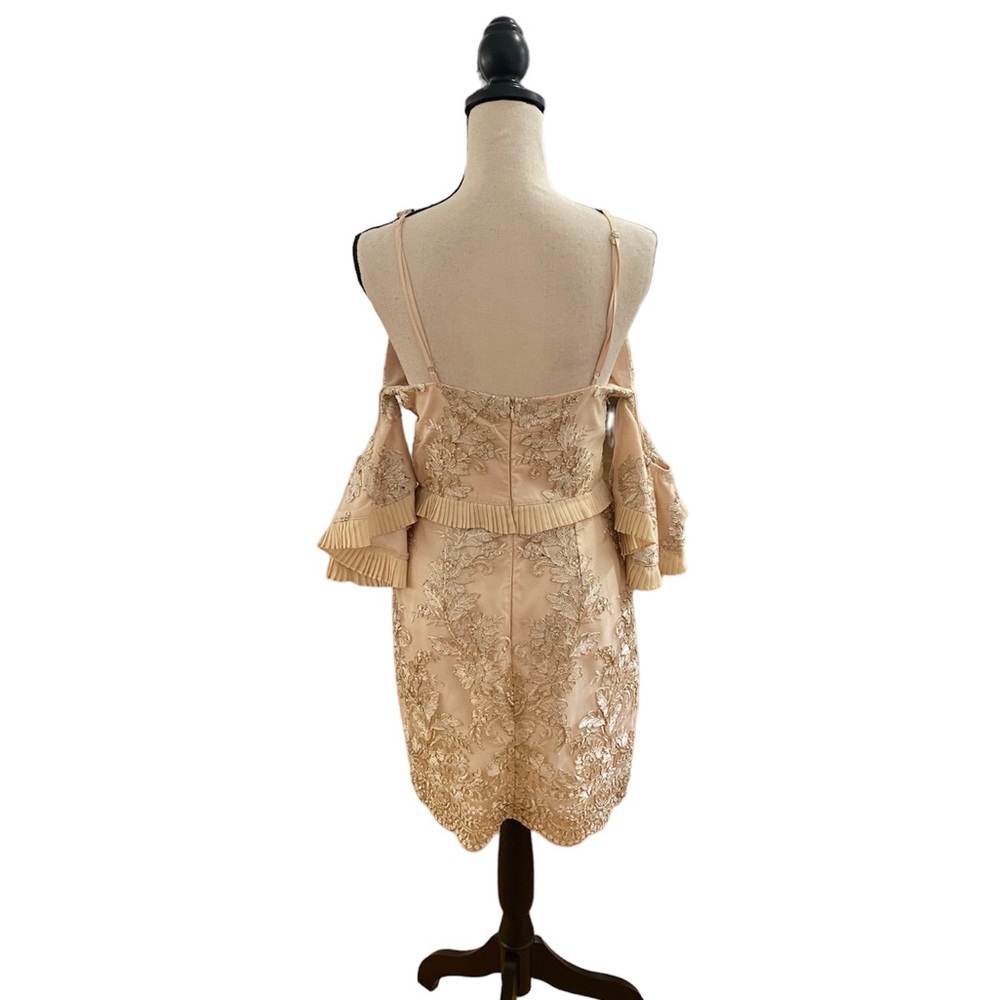 Cold Shoulder Gold Floral Design Mini Dress - Picture 2 of 2